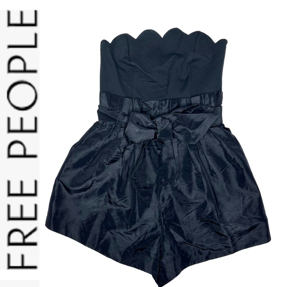 NWT Free People Filmore Strapless Scallop Romper Dressy Paperbag Short black xs